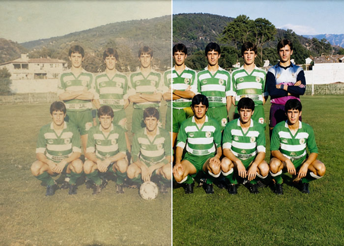 Antes e depois de fotografia antiga de equipa de futebol
