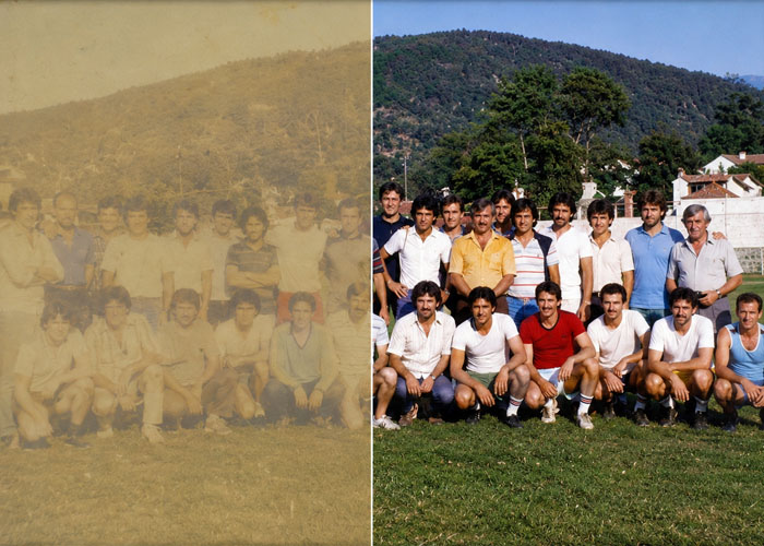 Antes e depois de fotografia antiga de grupo associativo