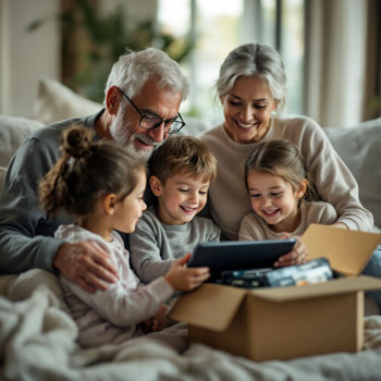 Família a ver memórias digitalizadas